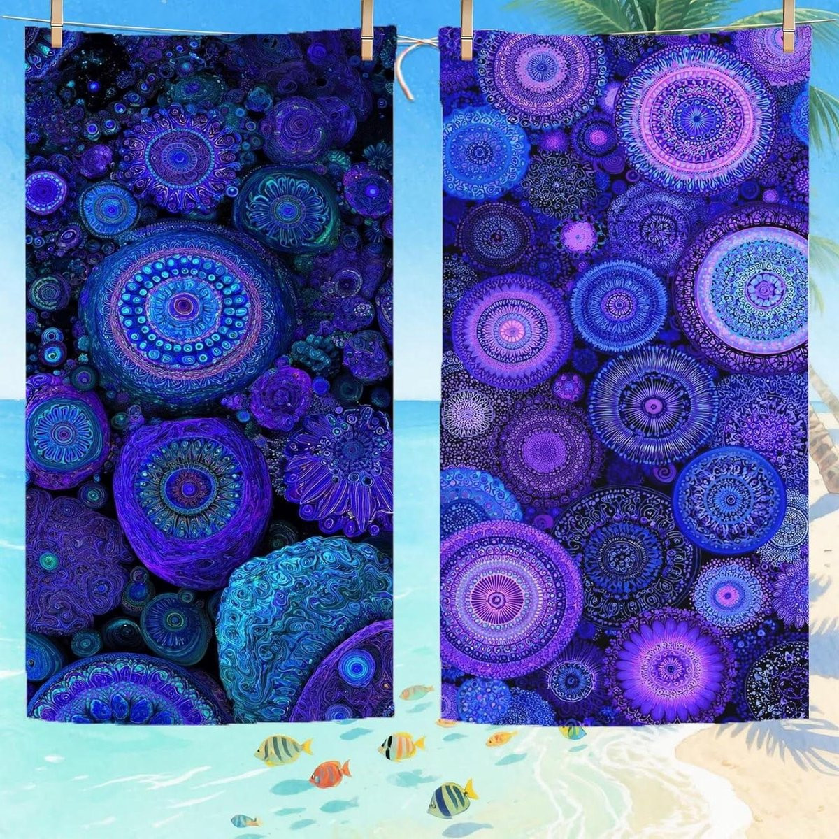 Blauwe Strandlaken Set van Microvezel Handdoeken, Zandvrij en Sneldrogend, 70 x 140 cm