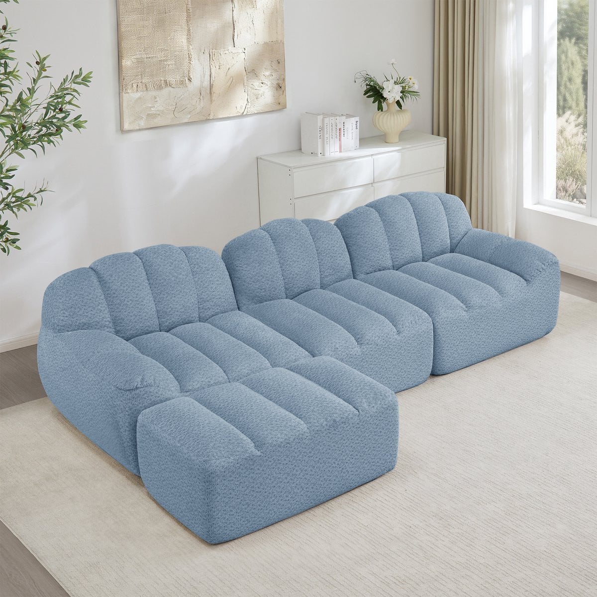 L-Bank Hoekbank L-vormige Modulaire 3-Zitsbank met Poef, Blauw