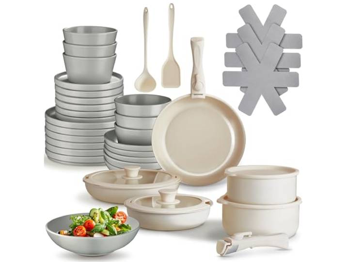 tectake® Küchenstarterset 6 Personen, Steingut Geschirr Set, Teller, 3 Pfannen, 2 Töpfe, rostfreies Aluminium, Kochtopf Set, Töpfe Set, kratzfest, inkl. 5 Küchenwerkzeuge - grau/weiß, 40-tlg.