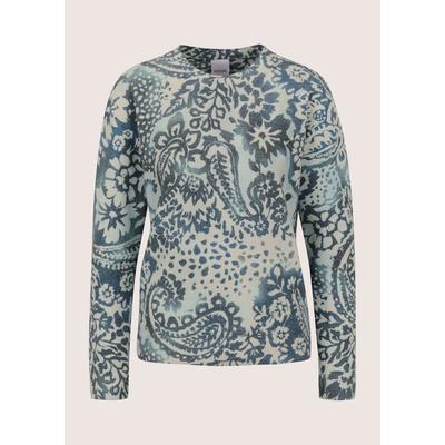 Longpullover MADELEINE "Strickpullover Stilvoller Printpullover mit floralem Muster", Damen, Gr. 36/38, blau (marine, bleu, multicolor), Modern, hoch geschlossener Ausschnitt, Pullover Longpullover, Allover-druck