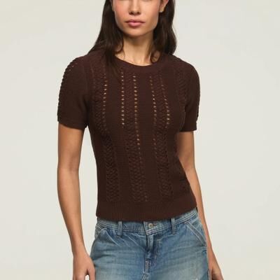 Lucky Brand Pointelle Sweater Tee - Women's Clothing Tops Shirts Tee Graphic T Shirts in Peppercorn, Size XS