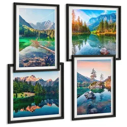 BILDER SET 4er Set - 50x50 cm & 40x60 cm Schwarzer Rahmen - Naturlandschaft der Bergseen
