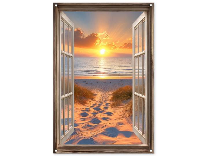 OnlyWow Gartenposter - Durchblick - Strand - Dünen - Sonnenuntergang - 80x120 cm, Orange, Kunststoff, Rechteckig, 80x120x0.2 cm, Bilder & Rahmen, Bilder, Wandbilder