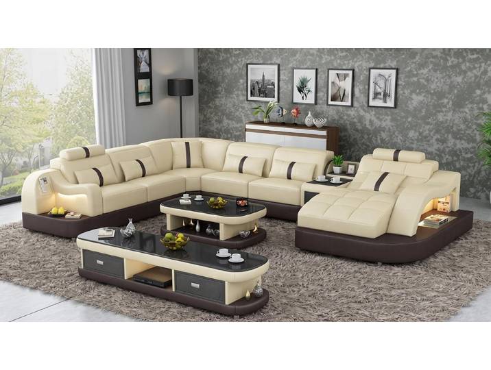 JVmoebel Wohnlandschaft Modern Wohnlandschaft U-Form Couchtisch Beige LED Sofa Set TV-Möbel *, 3 Teile, Made in Europa