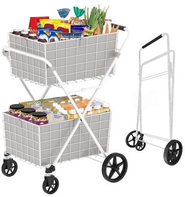 Heavy Duty Foldable Double Basket Shopping Cart with 360 Degree Swivel Wheels