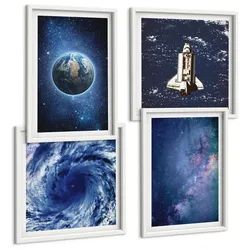 BILDER SET 4er Set - 50x50 cm & 40x60 cm Weißer Rahmen - Erde Weltraumsturm Galaxie