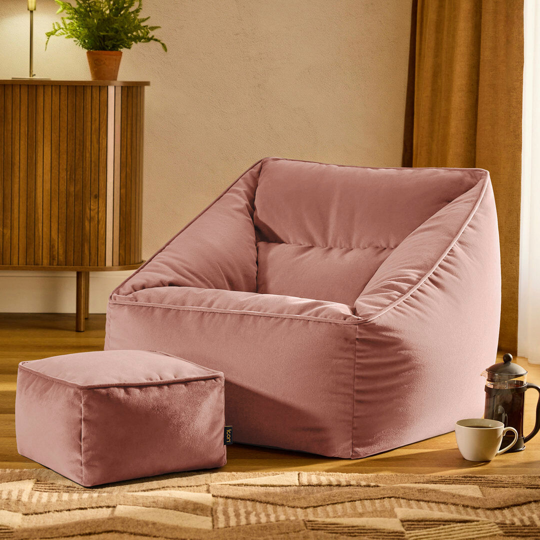 icon Natalia Velvet Adults Bean Bag Armchair and Pouffe, Ready Filled Large Beanbag and Footstool Forest Green Dusk Pink Large