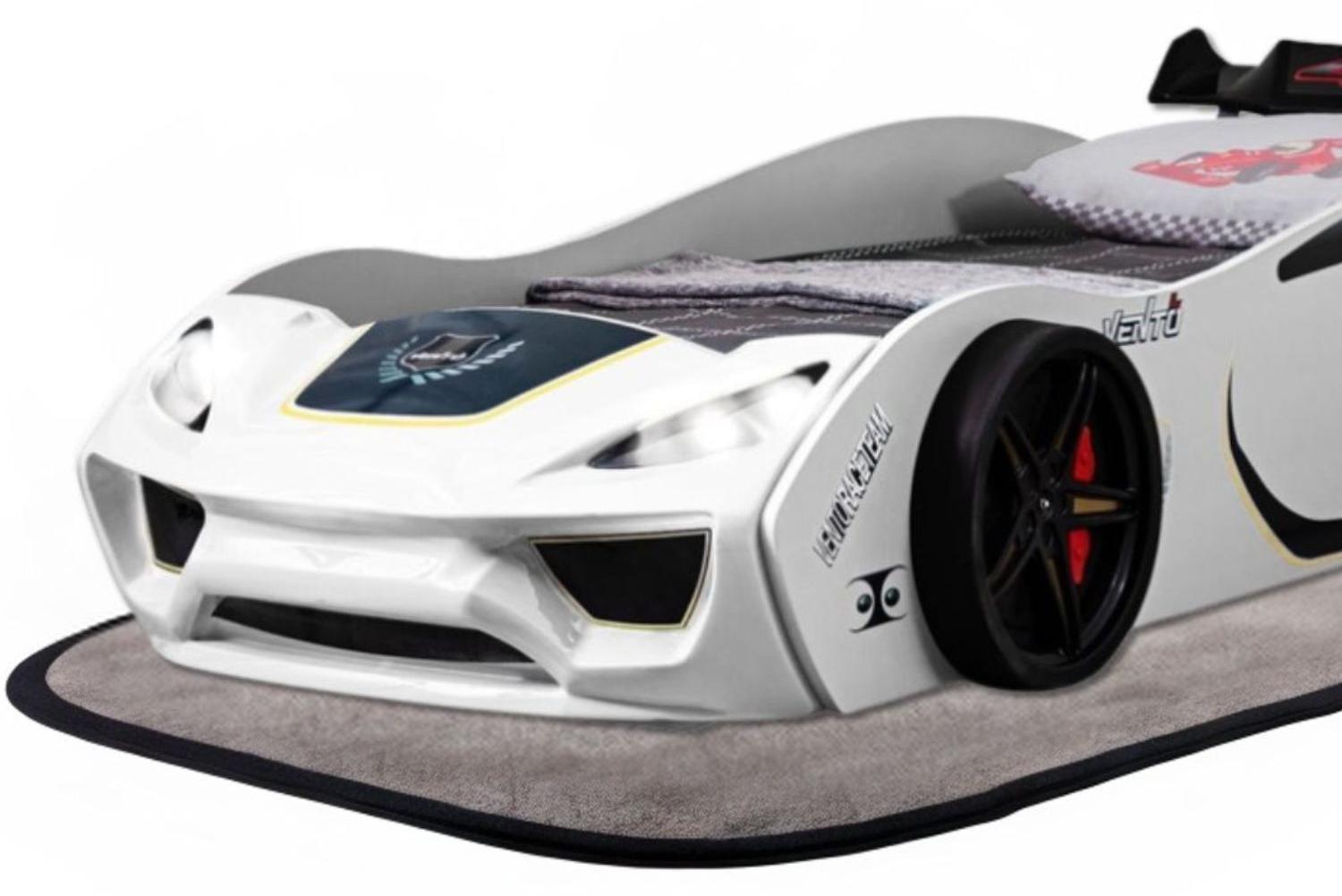 Autobett VENTO Kinderbett 90x200 cm Rennwagen-Bett inkl Lattenrost, Spoiler, LED-Licht, Farbe Weiß