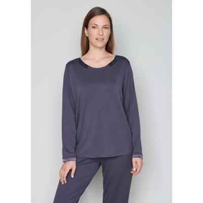Pyjamaoberteil JOOP, Damen, Gr. 44, grau (hellgrau), French Terry, Obermaterial: 95% Viskose, 5% Elasthan, bequem hüftbedeckend, tiefer Rundhals, Shirts, bequeme Passform, mit Langarm, kragenlos, für Homewear und Sleepwear