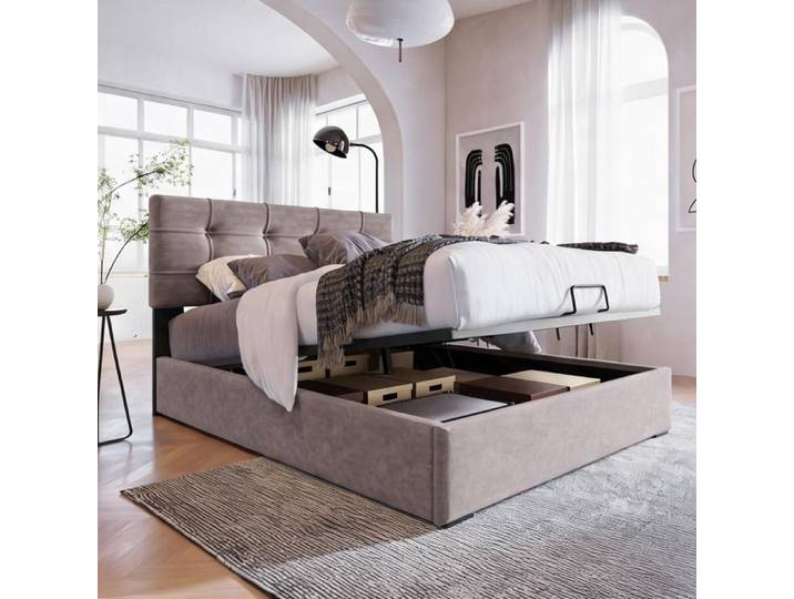 Sommier tapissier simple 90x200 cm en velours gris clair tête de lit réglable cadre métal et coffre hydraulique
