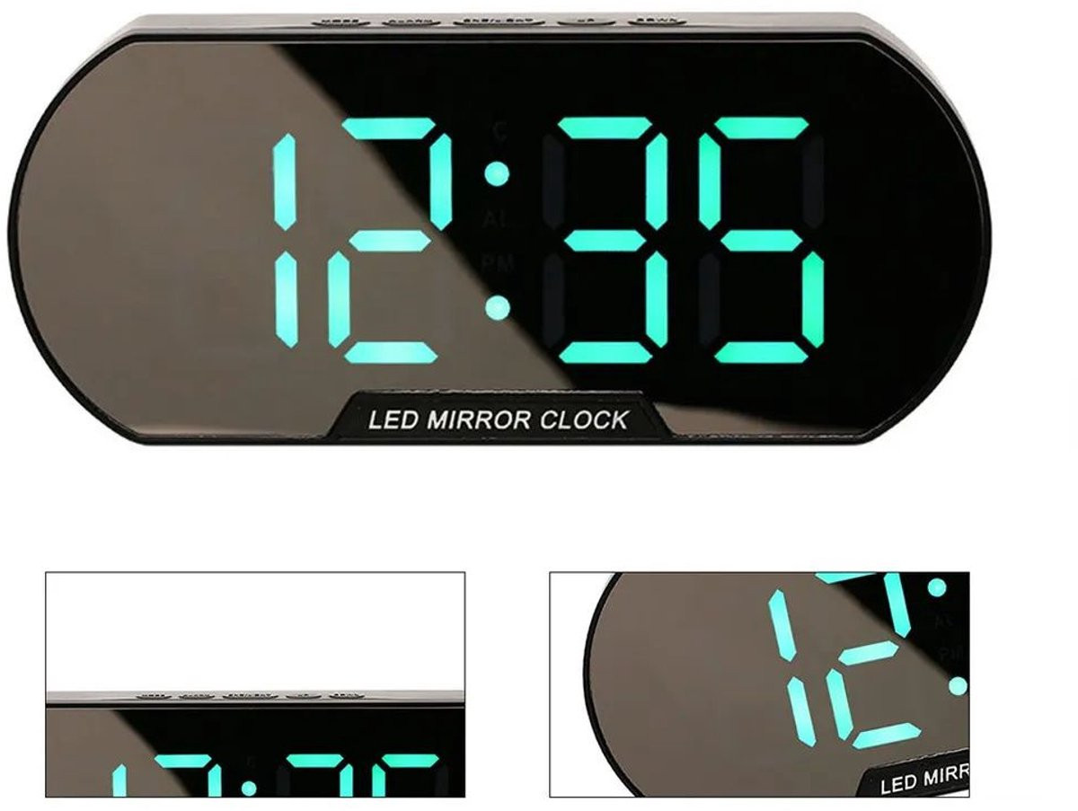 Digitale LED-spiegelwekker met temperatuurweergave en 12/24-uursweergave