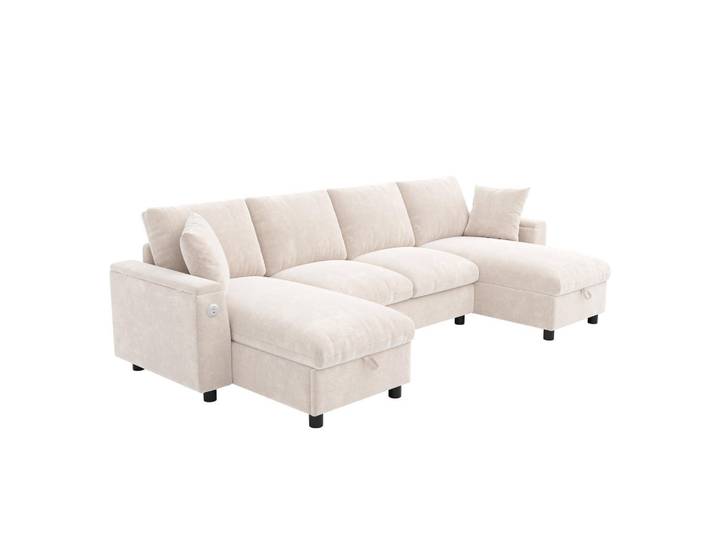 ComfortXL Wohnlandschaft De-33417 U-Form mit 2 Chaiselongues und USB Beige, Metall, 284x84x135 cm, Wohnzimmer, Sofas & Couches, Wohnlandschaften, Wohnlandschaften in U-Form