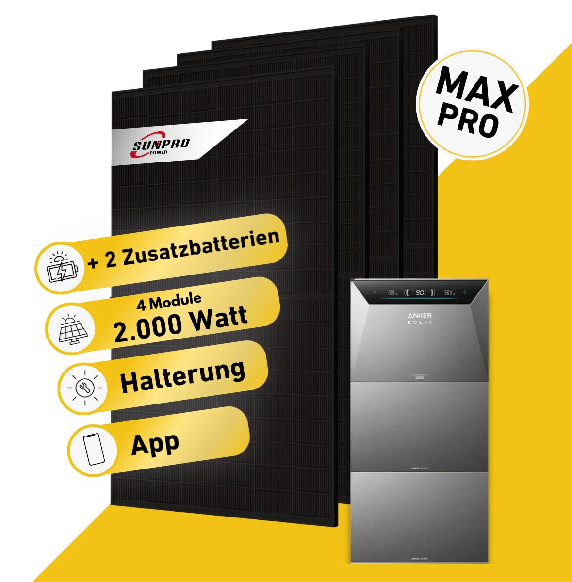 Balkonstrom Balkonkraftwerk 2000W mit Speicher | 2xZusatzspeicher | Fassadenhalterung 90 Grad | 4xSolarmodul Bifazial | Anker Solix 4 Pro |Kabel 15m