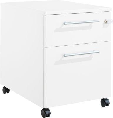 Schäfer Shop Pure Rollcontainer 36, 2 Schubladen, mit extra hohem Stauraumfach, eckige Metallgriffe, abschließbar, weiß/weiß