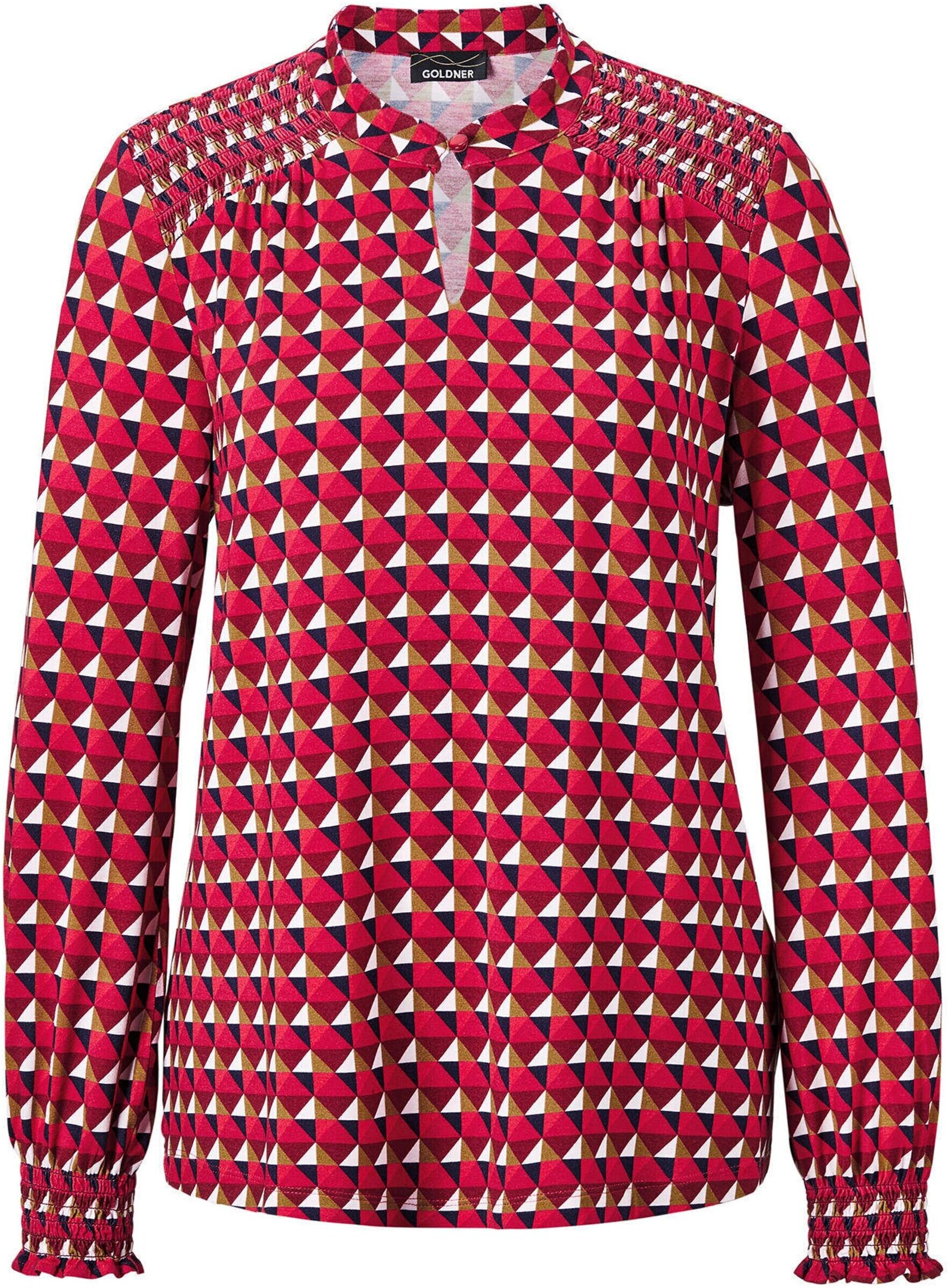 Langarmbluse GOLDNER "Jerseybluse mit modischen Smok-Details", Damen, Gr. 48, rosa (teerose, gemustert), Obermaterial: 95% Viskose CV. 5% Elasthan EL., Gummibündchen, Blusen Langarmbluse, Ohne