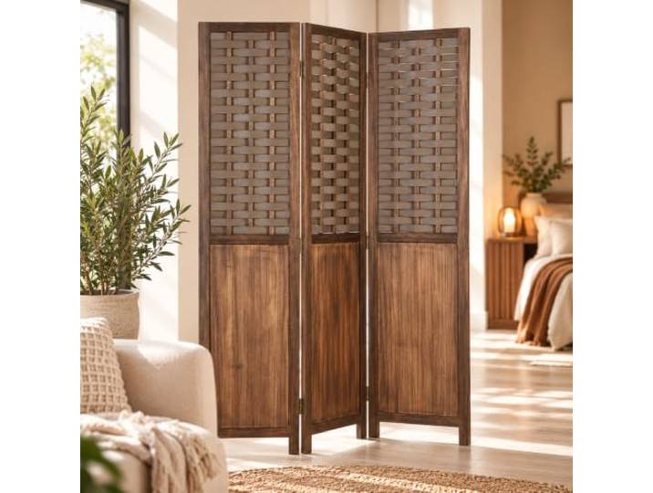 Homestyle4u Paravent Braun Rattan-Optik 3-teilig 170x120 cm Raumteiler 3-teiliger Paravent aus Paulownia-Holz in Rattan-Optik: klappbarer Raumteiler und Sichtschutz für Wohn- und Schlafbereiche