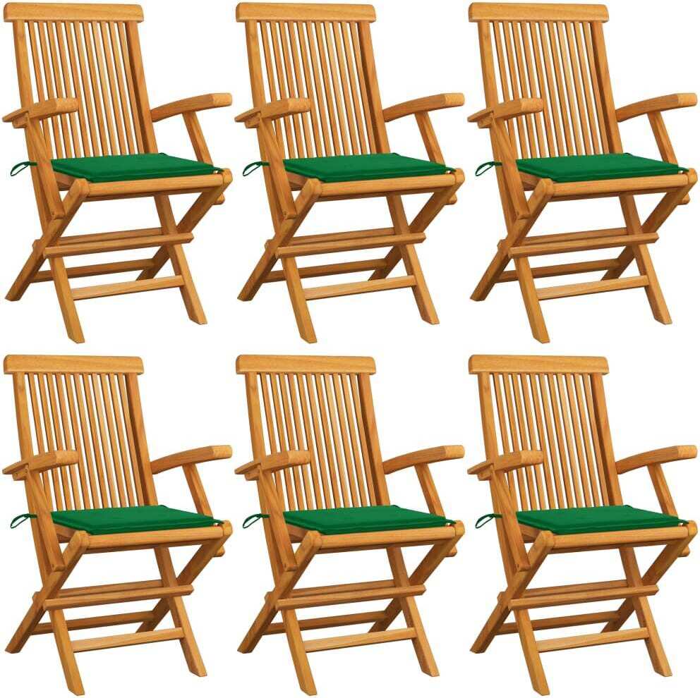 Gartenstühle mit Grünen Kissen 6 Stk. Massivholz Teak