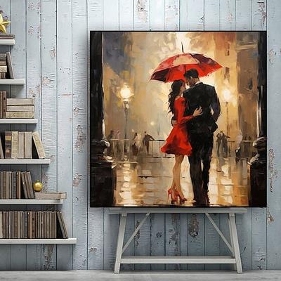 Spaziergang im Regen, gespannte Leinwand, handbemalte Wandkunst, bunter abstrakter Pop-Art-Designliebhaber, der mit einem Regenschirm im Regen läuft, gespannte Leinwand