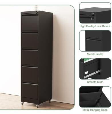GREATPLANINC 5 Drawer Metal Vertical File Cabinet with Wheels, Home Office Metal Storage Cabinet with Anti-Tilt & Locking Drawers