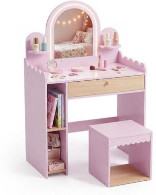 Costway Pretend Makeup Dressing Table Set with 2 Small Shelves and Compartments-Pink