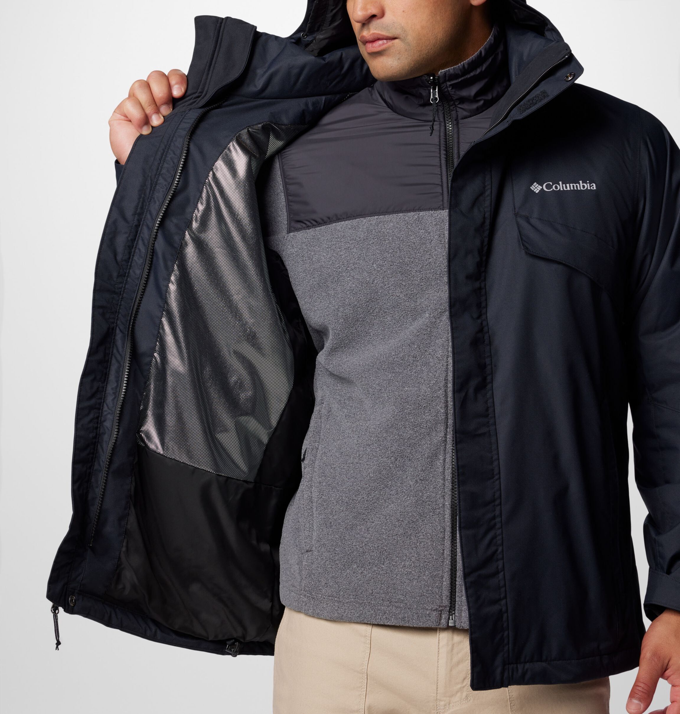 Doppeljacke COLUMBIA "BUGABOO III FLEECE INTERCHANGE JACKET", Herren, Gr. XXL, schwarz, Obermaterial: 100% Nylon. Futter: 100% Polyester, Jacken Doppeljacke, wasserdicht, atmungsaktiv, abnehmbare und verstellbare Sturmkapuze schwarz XXL
