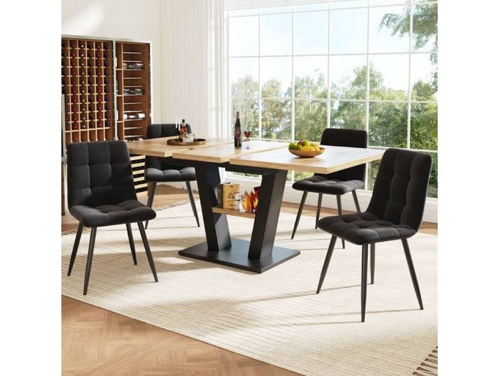 Ensemble table et chaises - ZEVKOR - Ensemble 5 pièces - Table extensible - 4 chaises velours - MDF noir et naturel