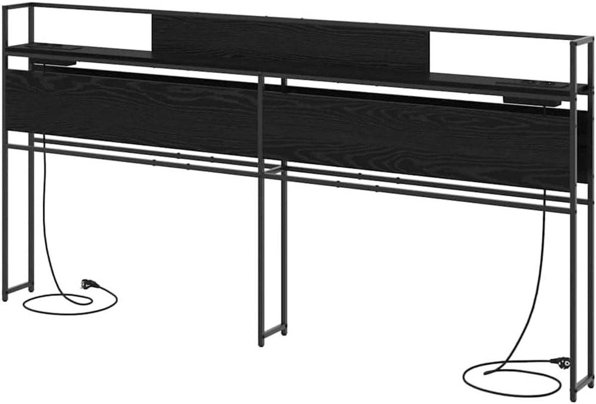 Opberg hoofdbord met plank en geïntegreerde USB-oplaadbasis in zwart eiken, 180 cm