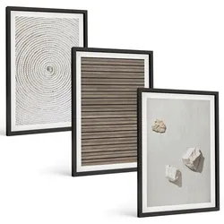 BILDER SET 3er Set - 40x60 cm Schwarzer Rahmen - Natürliche Texturen Holz Stein