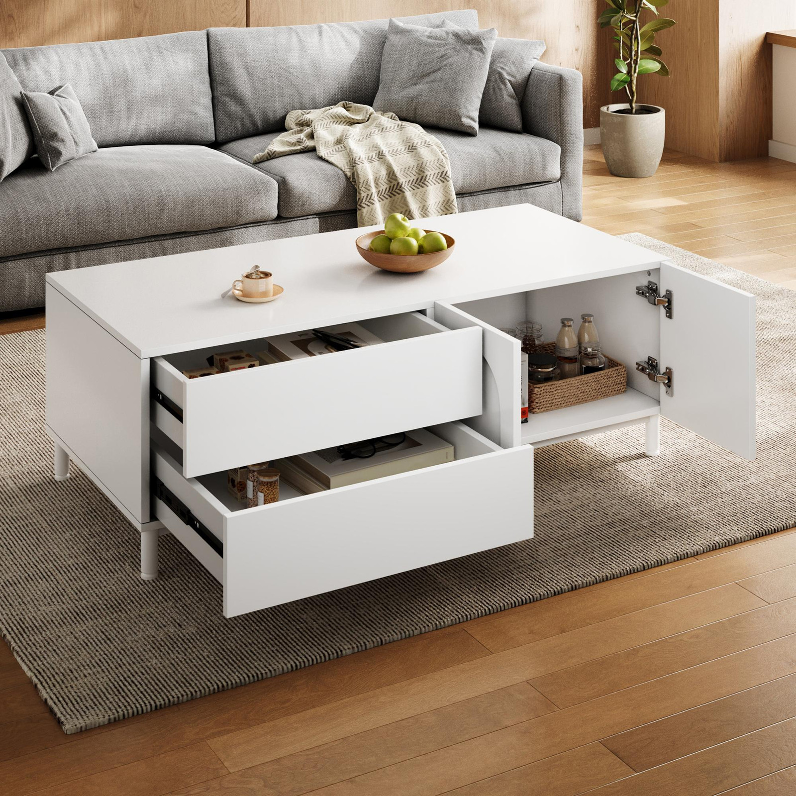 OKWISH Witte salontafel met lades en gebogen deuren en stalen buisvoeten