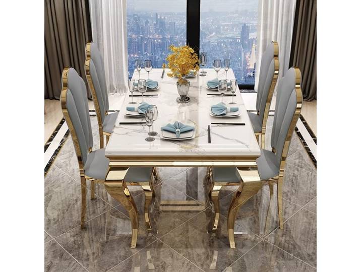 Table à manger rectangulaire de luxe en marbre, design unique, dorée, individuelle, blanche, style italien, pour la maison