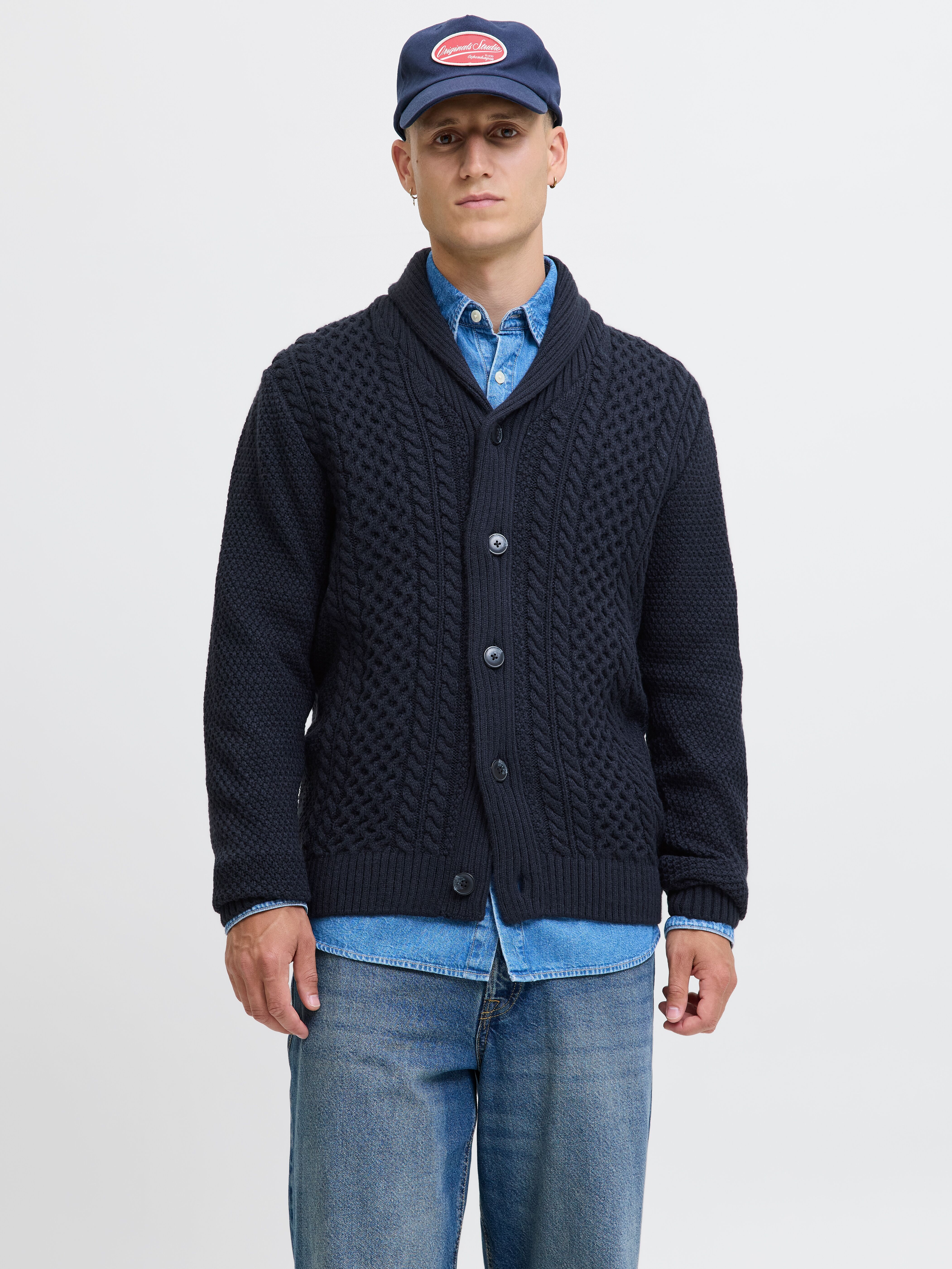 Strickpullover JACK & JONES "JJPAUL KNIT SHAWL CARDIGAN", Herren, Gr. XS, schwarz (sky captain), Strick, Obermaterial: 82% Polyacryl, 18% Baumwolle, unifarben, regular fit normal, Pullover Strickpullover sky captain XS