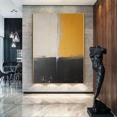 Großes abstraktes Ölgemälde, handgemalt in warmen Acrylfarben auf Leinwand, originelles gelbes und schwarzes Leinwandbild, moderne minimalistische Wandkunst für Wohnzimmer und Zuhause