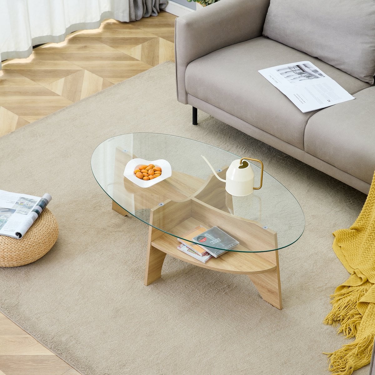 MIVRAY Salontafel met ovaal transparant glazen blad en MDF onderblad, 104,9 x 60 cm