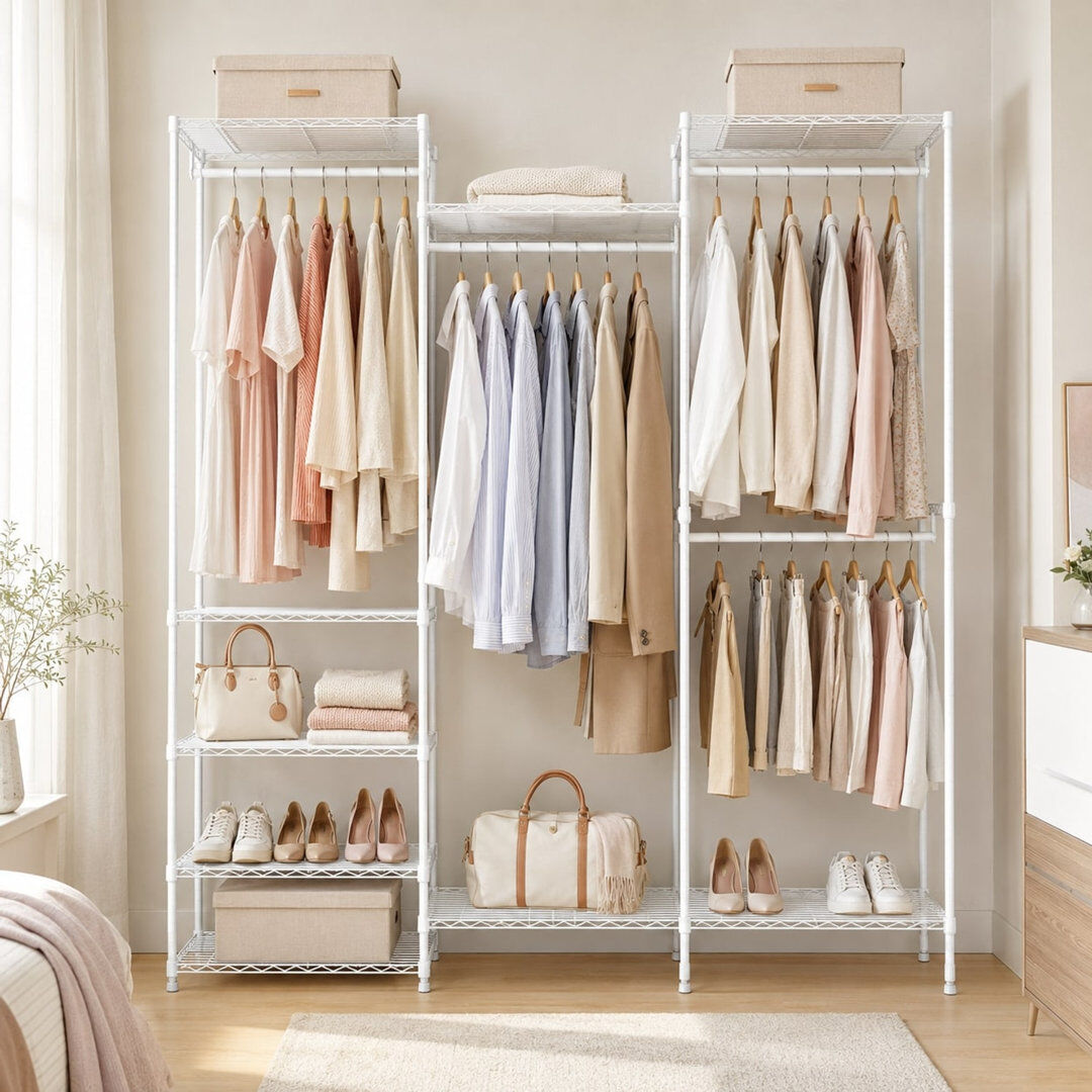Rebrilliant 174cm 4 Rail Wire Garment Rack with 8 Shelves Freestanding Open Wardrobe White