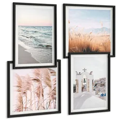 BILDER SET 4er Set - 50x50 cm & 40x60 cm Schwarzer Rahmen - Pflanzen, Meereswellen, Aussicht, Häuser