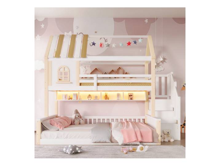 Ulife Etagenbett im Hausdesign mit Fenstergestaltung & integrierter LED-Lichtleiste, Kinderbett Jugendbett mit Staustreppe, 90x200cm + 140x200cm