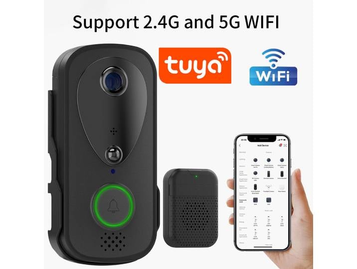 Sonnette vidéo WiFi 5G 2.4G 1080P Tuya, interphone intelligent d'extérieur sans fil, caméra sans fil étanche à la pluie avec sonnerie d'alimentation USB