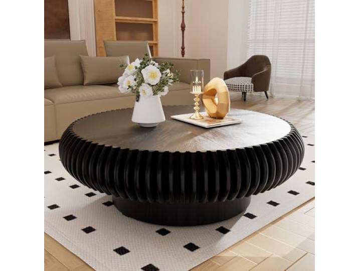 Runder Couchtisch, Moderner Kreisförmiger Couchtisch Aus Holz,Black 100cm Geriffelter Stabilem Sockel, Akzent-Mitteltisch Für Wohnzimmer, Wohnung, Büro, Kleiner Raum, Einfache Montage