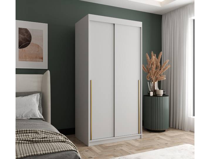 Home Collective Schwebetürenschrank Kleiderschrank Schrank Garderobe 2-türig mit Einlegeböden und zwei Kleiderstangen wählbare Handgriffe Mehrzweckschrank 100 cm Breite, weiß mit Goldgriff