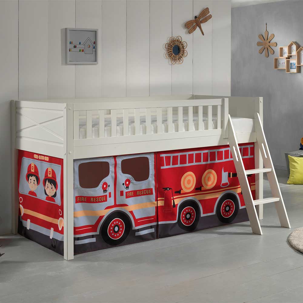Pharao24.de Kinderhochbett mit Vorhang aus Kiefer Massivholz Feuerwehr Motiv