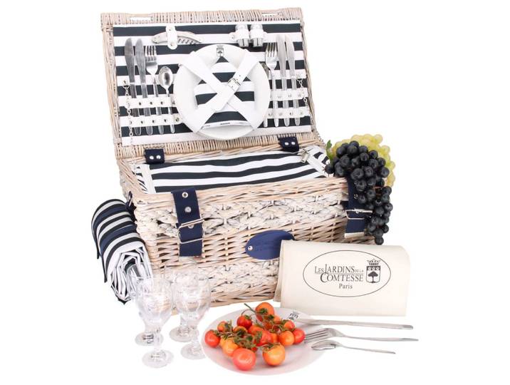 Panier pique-nique marine aux rayures bleues et blanches 4 personnes