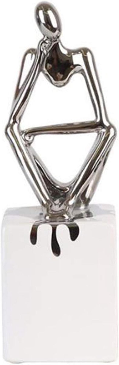 Denker beeld - Abstracte sculptuur - Handgemaakt keramiek - Zilver - Hoogte: 20 cm