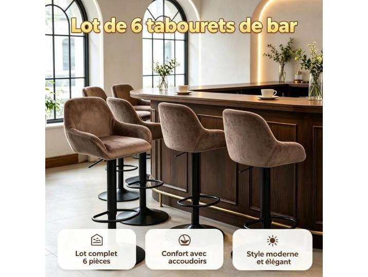 PIPIPOXER lot de 6 Tabouret de bar marron chaise comptoir hauteur réglable rotation 360° mobilier bar cuisine restaurant café