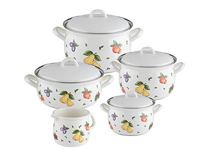 Riess, 0547-068, Emaille Topf Sparset 5tlg., FRUIT GARDEN, Emaille, Vol. (rec.): 10,0 Liter, Made in Österreich, LBH: 48,5x39,0x28,5cm, 7,380kg, Induktionskocher kompatibel, Gasherd geeignet