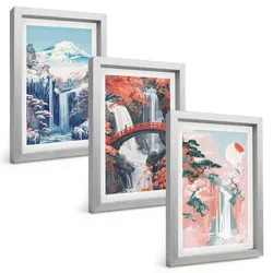 BILDER SET 3er Set - 20x30 cm Silberner Rahmen - Wasserfälle, Berge, Brücken, Bäume