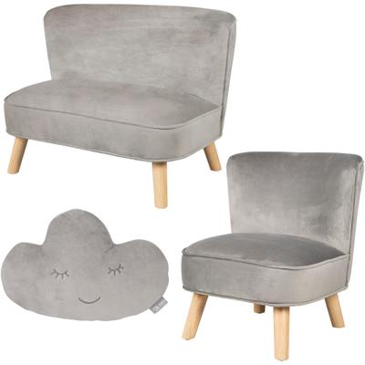 Kindersitzgruppe ROBA "Lil Sofa", grau (silbergrau), Sitzmöbel-Sets, Kinder, Samt, bestehend aus Kindersofa, Kindersessel und Dekokissen in Wolkenform