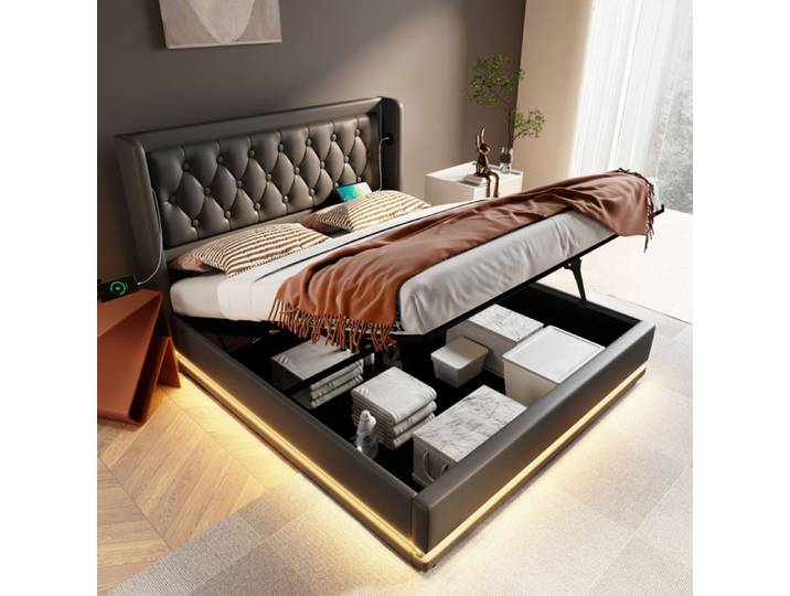 ULEVR Lit double capitonné avec rangement 180x200 cm - charge USB et Type C LED 3 côtés noir PU