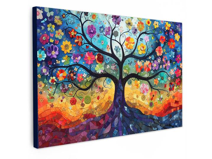 MuchoWow Leinwandbild - Kunst - Baum des Lebens - Blumen - Hippie - 90x60 - Deko Wohnzimmer, Dunkelblau, Textil, Kiefer, Abstrakt, Rechteckig, 90x60 cm, gerahmt, Bilder & Rahmen, Bilder, Wandbilder