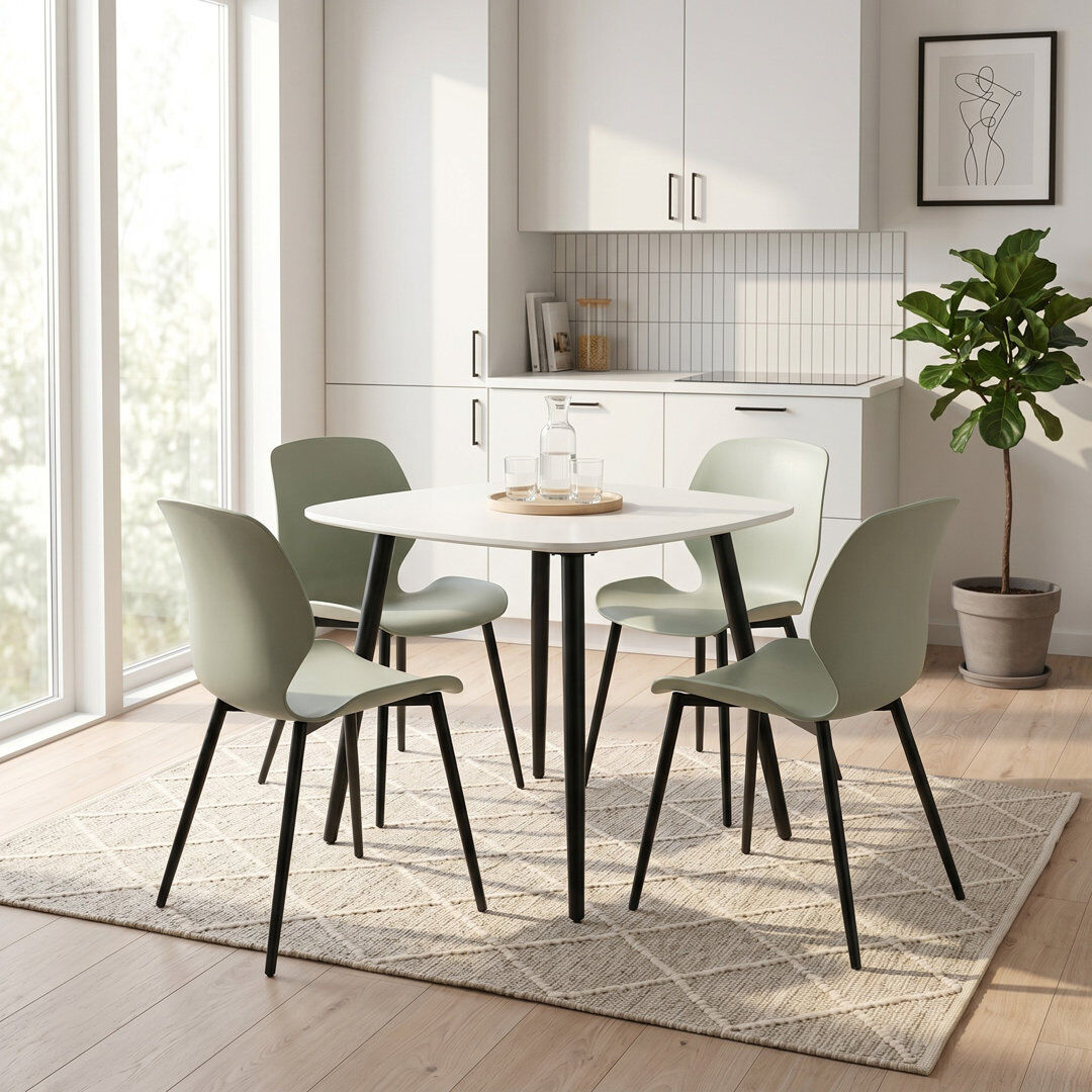 George Oliver Westhope 5-Piece Dining Set, Square Table & Four Plastic Chairs Green/White