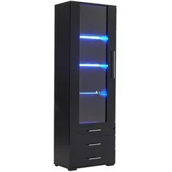 OKWISH 60x35x180 cm schwarze Vitrine mit Hochglanzfront, LED-Beleuchtung, Acryl-Tür, 3 Schubladen & Tür, moderne Aufbewahrung für Wohnzimmer, Schlafzimmer